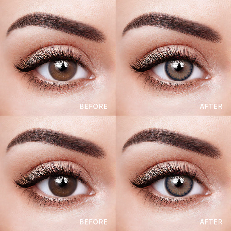 The before and after comparison of wearing Jelly Blue Contact Lenses.